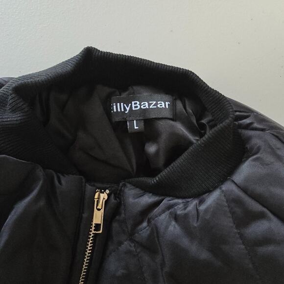 Eilly Bazar Quilted Bomber Jacket Women's L Black Zip Up NWOT - Picture 3 of 16